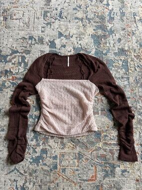 Free People Brown and Cream Knit Long-Sleeve Women’s Top